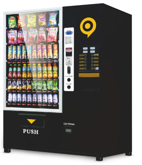 Máquina expendedora combo shakes de snacks y bebidas preparadas, vista en perspectiva