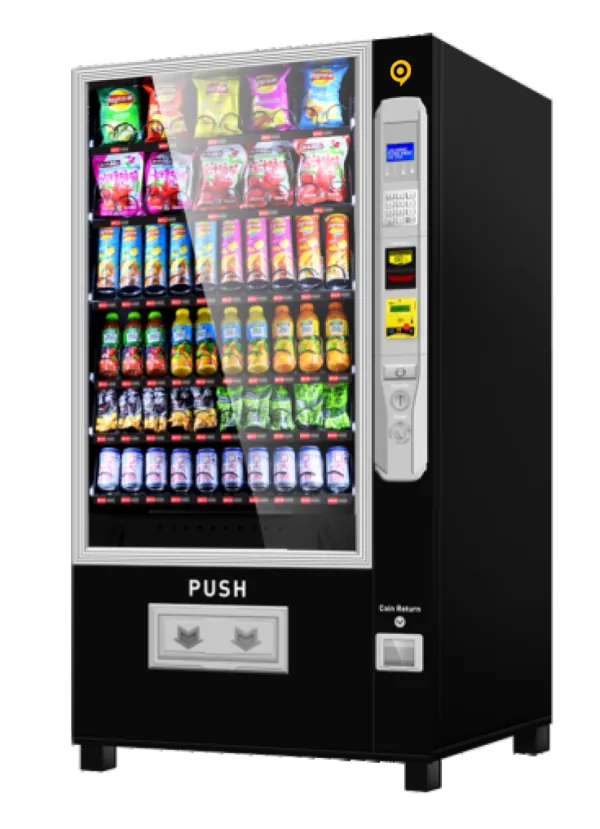 Máquina expendedora combinada de snacks y bebidas, vista en perspectiva