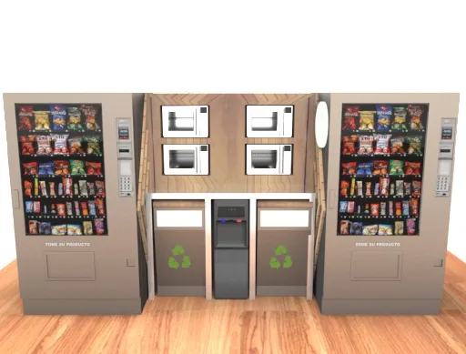 Render frontal de una estación con dos máquinas expendedoras a los lados y, al centro, cuatro microondas, dispensador de agua y botes de reciclaje