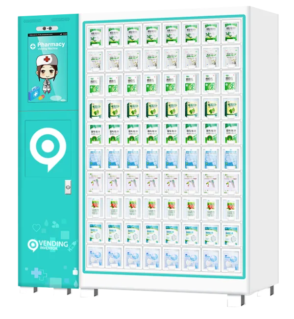 Máquina expendedora compacta de cosmética y farmacia con pantalla táctil, vista en perspectiva