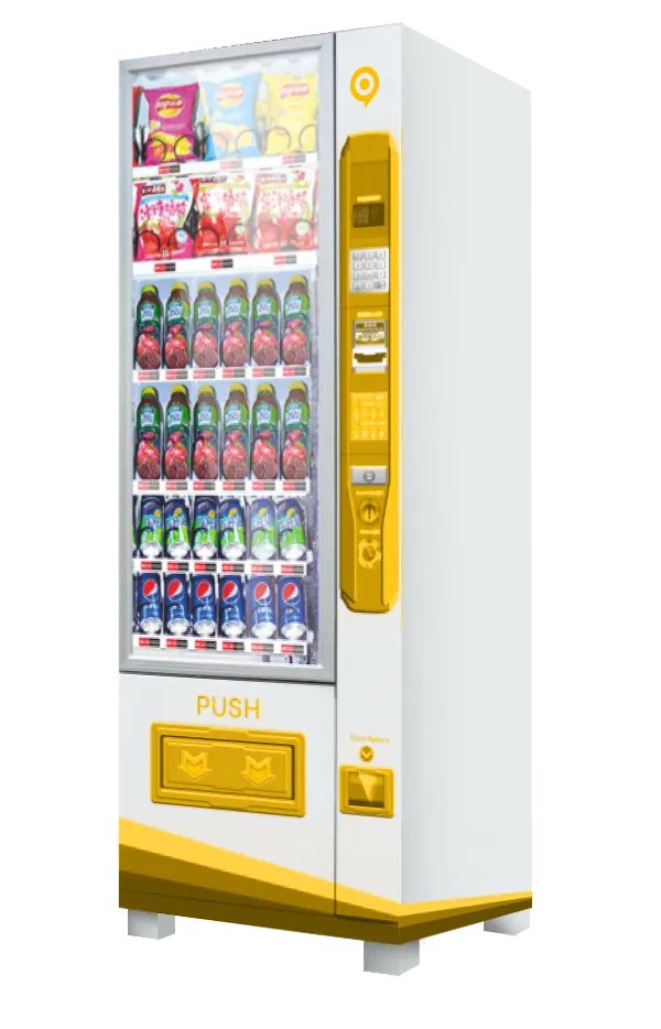 Máquina expendedora mini combo de snacks y bebidas, vista en perspectiva