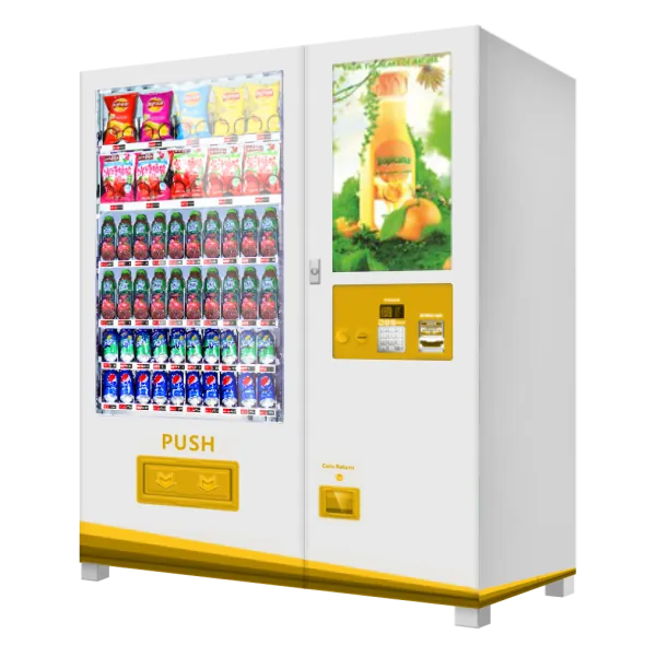 Máquina expendedora tradicional con pantalla LCD de 22 pulgadas, vista en perspectiva